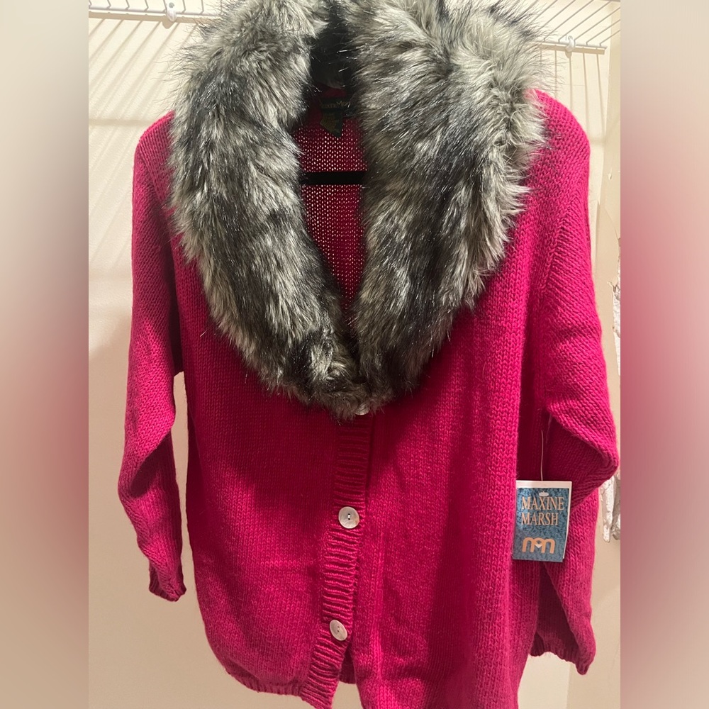 Maxine Marsh Vintage Faux Fox Fur Collar Long Hand-loomed Cardigan Sweater QVC